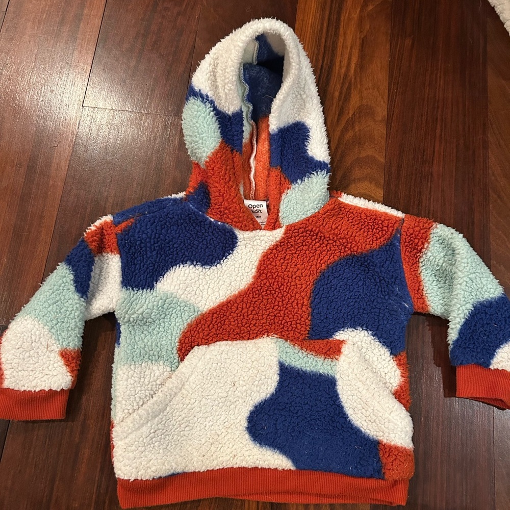 Open Edit Colorful Fleece Hoodie Front Pocket Blue Brown Teal White 18M